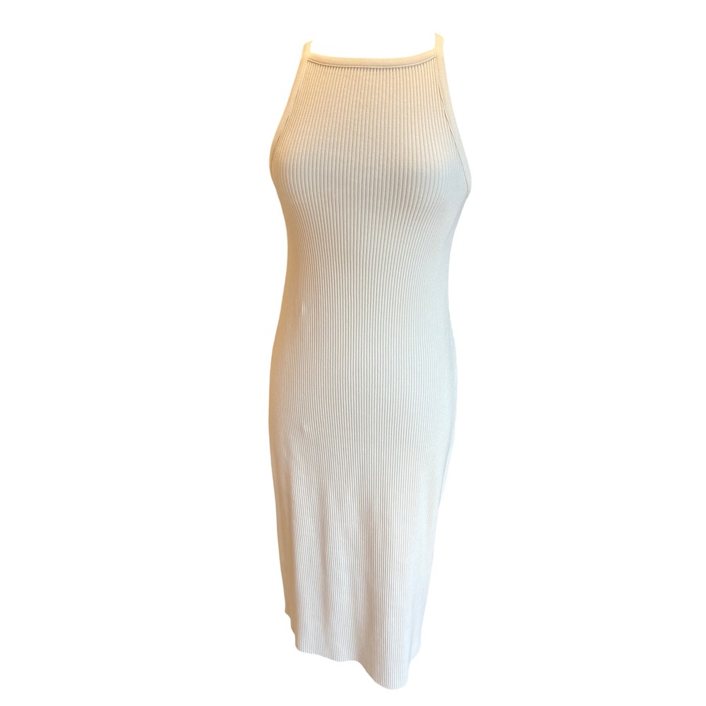 Vince Ribbed Knit Midi Dress Flax Cream Cotton Blend Women's Medium NWT